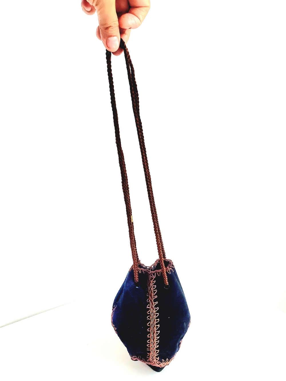 Velvet Drawstring Mini Shoulder Bag in Navy with Brown Braided Strap